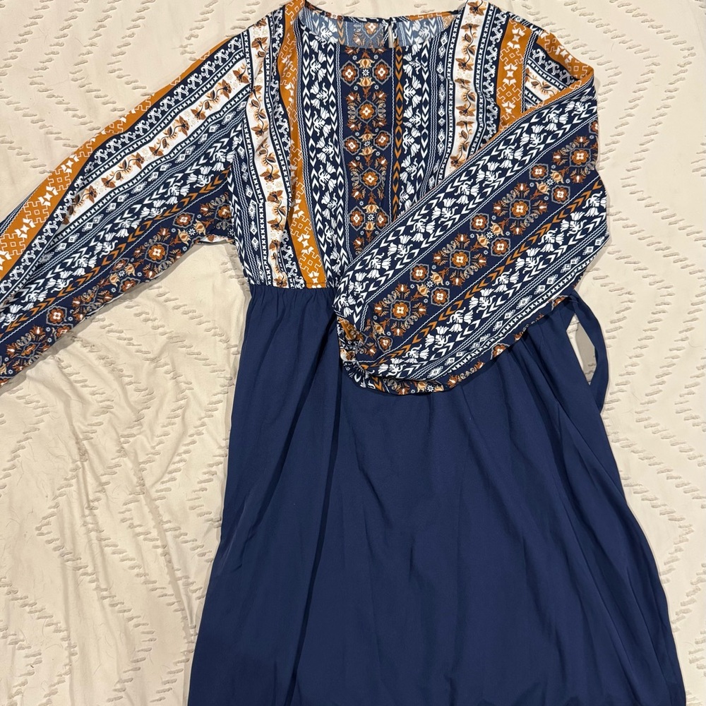 Bohemian Long Sleeve Dress with Patterned Top